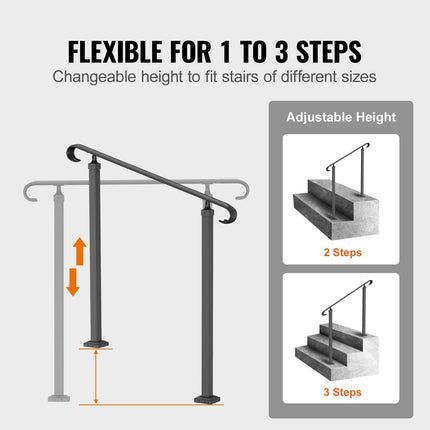 Handrails for Outdoor Steps, Fit 1-3 Steps Outdoor Stair Railing, Wrought Iron Handrail, Adjustable Front Porch Hand Rail, Black Transitional Hand railings for Concrete Steps or Wooden Stairs.
