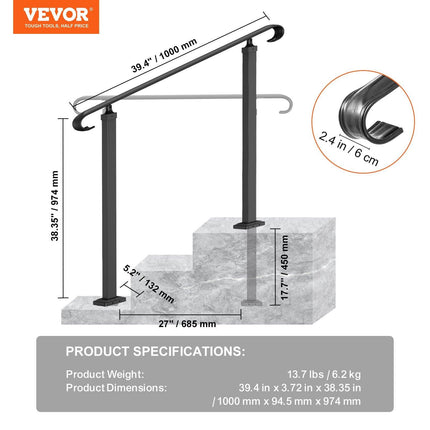 Handrails for Outdoor Steps, Fit 1-3 Steps Outdoor Stair Railing, Wrought Iron Handrail, Adjustable Front Porch Hand Rail, Black Transitional Hand railings for Concrete Steps or Wooden Stairs.