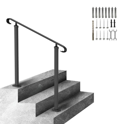 Handrails for Outdoor Steps, Fit 1-3 Steps Outdoor Stair Railing, Wrought Iron Handrail, Adjustable Front Porch Hand Rail, Black Transitional Hand railings for Concrete Steps or Wooden Stairs.