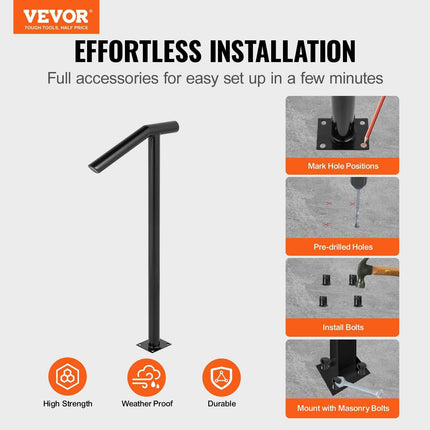 Single Post 1-2, Black Steel Railing 441LBS Capacity Baking Varnish Iron Stairs Stylish Handrails for Outdoor Steps with Expansion Bolts & Drill Bit.