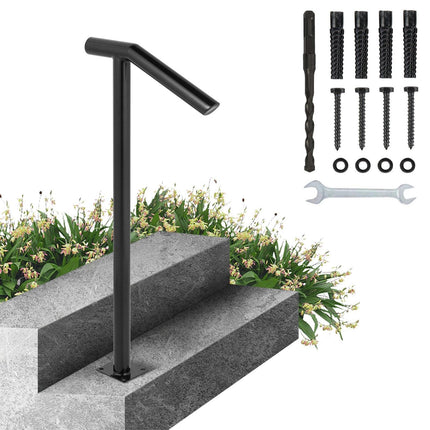 Single Post 1-2, Black Steel Railing 441LBS Capacity Baking Varnish Iron Stairs Stylish Handrails for Outdoor Steps with Expansion Bolts & Drill Bit.