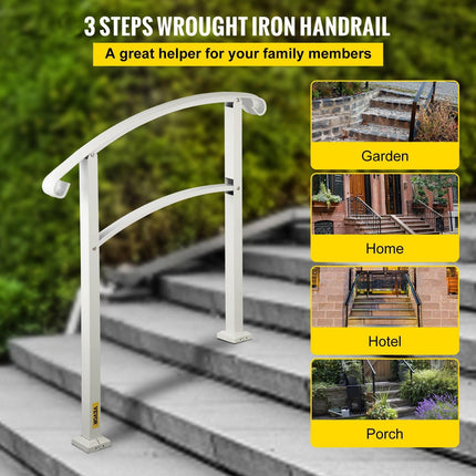 3-Step Handrails for Outdoor Steps Fits 1 or 3 Steps Matte White Stair Rail Wrought Iron Handrail with Installation Kit Hand Rails for Outdoor Step.