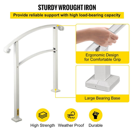 3-Step Handrails for Outdoor Steps Fits 1 or 3 Steps Matte White Stair Rail Wrought Iron Handrail with Installation Kit Hand Rails for Outdoor Step.