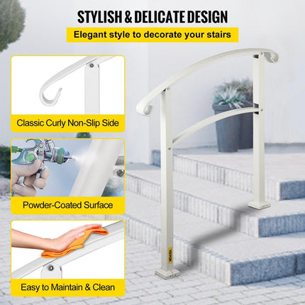 3-Step Handrails for Outdoor Steps Fits 1 or 3 Steps Matte White Stair Rail Wrought Iron Handrail with Installation Kit Hand Rails for Outdoor Step.