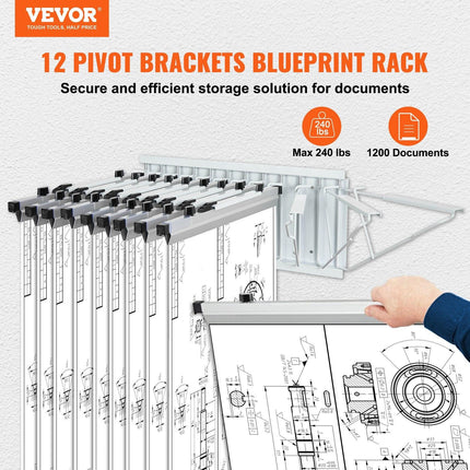 Wall Mount Blueprint Storage Rack Blueprint Holder with 12 Pivot Brackets.
