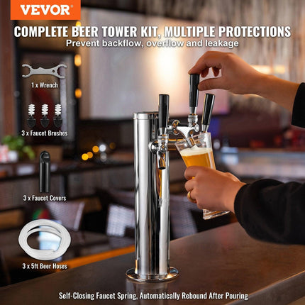 Triple Taps Draft Beer Tower Dispenser, Stainless Steel Keg Beer Tower, Kegerator Tower Kit with Pre-Assembled Tubing and Self-Closing Faucet Shanks for Party, Bar, Pub, Restaurant.