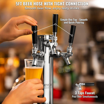 Triple Taps Draft Beer Tower Dispenser, Stainless Steel Keg Beer Tower, Kegerator Tower Kit with Pre-Assembled Tubing and Self-Closing Faucet Shanks for Party, Bar, Pub, Restaurant.