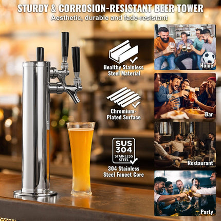Triple Taps Draft Beer Tower Dispenser, Stainless Steel Keg Beer Tower, Kegerator Tower Kit with Pre-Assembled Tubing and Self-Closing Faucet Shanks for Party, Bar, Pub, Restaurant.