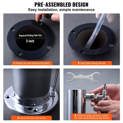 Triple Taps Draft Beer Tower Dispenser, Stainless Steel Keg Beer Tower, Kegerator Tower Kit with Pre-Assembled Tubing and Self-Closing Faucet Shanks for Party, Bar, Pub, Restaurant.