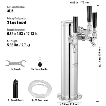 Triple Taps Draft Beer Tower Dispenser, Stainless Steel Keg Beer Tower, Kegerator Tower Kit with Pre-Assembled Tubing and Self-Closing Faucet Shanks for Party, Bar, Pub, Restaurant.