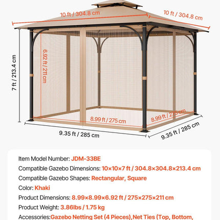 Gazebo Netting Replacement, Fit Most 10 x 10 x 7 FT Gazebo Curtain, Outdoor Garden Net, 4-Panel Sidewall Mesh Net, Patio Midge Netting with Double Zipper, Canopy Screen (Netting Only).