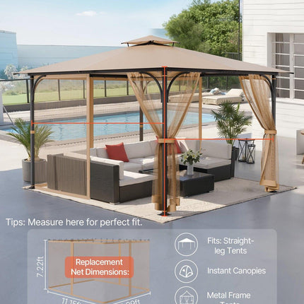 Gazebo Netting Replacement, Fit Most 10 x 12 x 7.3 FT Gazebo, Outdoor Garden Gazebo Net, 4-Panel Sidewall Mesh Gazebo Curtain, Patio Midge Netting with Double Zipper, Canopy Screen (Netting Only).