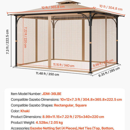 Gazebo Netting Replacement, Fit Most 10 x 12 x 7.3 FT Gazebo, Outdoor Garden Gazebo Net, 4-Panel Sidewall Mesh Gazebo Curtain, Patio Midge Netting with Double Zipper, Canopy Screen (Netting Only).