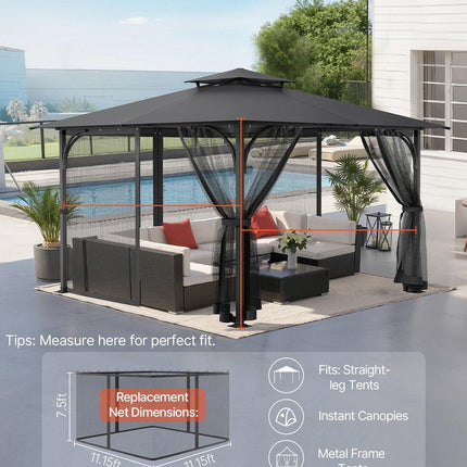 Gazebo Netting Replacement, Fit Most 12 x 12 x 7.5 FT Gazebo Curtain, Outdoor Garden Net, 4-Panel Sidewall Mesh Net, Patio Midge Netting with Double Zipper, Canopy Screen (Netting Only).