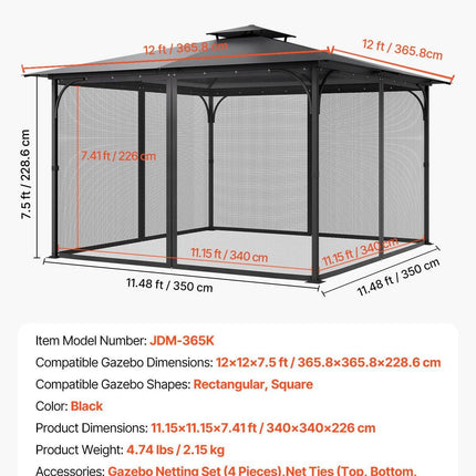Gazebo Netting Replacement, Fit Most 12 x 12 x 7.5 FT Gazebo Curtain, Outdoor Garden Net, 4-Panel Sidewall Mesh Net, Patio Midge Netting with Double Zipper, Canopy Screen (Netting Only).