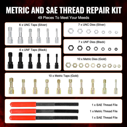 49-Piece Thread Chaser Set, UNC UNF and Metric Thread Restorer Tool, Rethreading Tool Kit with 22 Taps 24 Dies 3 Thread Files Storage Case, Heat Treated Steel, for Mechanics DIY Enthusiasts.