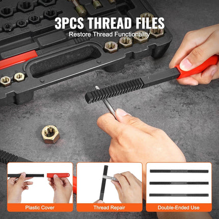 49-Piece Thread Chaser Set, UNC UNF and Metric Thread Restorer Tool, Rethreading Tool Kit with 22 Taps 24 Dies 3 Thread Files Storage Case, Heat Treated Steel, for Mechanics DIY Enthusiasts.