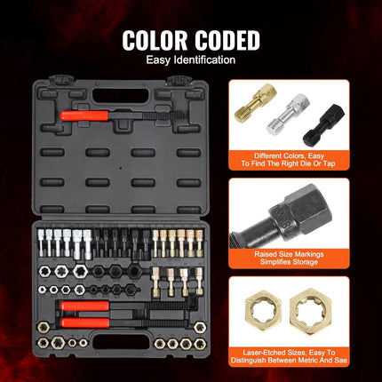 49-Piece Thread Chaser Set, UNC UNF and Metric Thread Restorer Tool, Rethreading Tool Kit with 22 Taps 24 Dies 3 Thread Files Storage Case, Heat Treated Steel, for Mechanics DIY Enthusiasts.