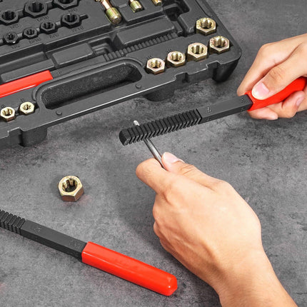 49-Piece Thread Chaser Set, UNC UNF and Metric Thread Restorer Tool, Rethreading Tool Kit with 22 Taps 24 Dies 3 Thread Files Storage Case, Heat Treated Steel, for Mechanics DIY Enthusiasts.