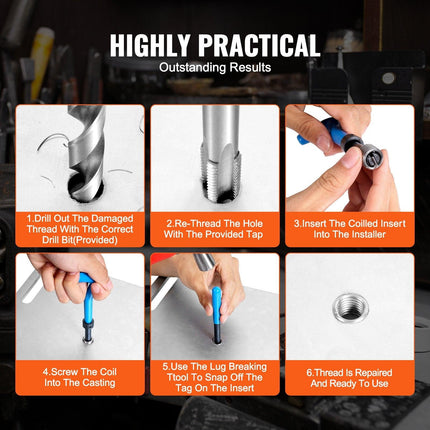 Helicoil Thread Repair Kit, 338-Piece SAE and Metric Rethreading Tool Kit, M5, M6, M8, M10, M12, 1/4", 5/16", 3/8", 7/16", 1/2", HSS Drill Bits Thread Inserts Taps Breakoff Installation Tools.