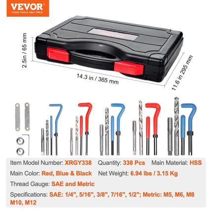 Helicoil Thread Repair Kit, 338-Piece SAE and Metric Rethreading Tool Kit, M5, M6, M8, M10, M12, 1/4", 5/16", 3/8", 7/16", 1/2", HSS Drill Bits Thread Inserts Taps Breakoff Installation Tools.