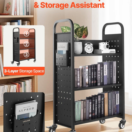 Rolling Library Book Cart, 150 kg Capacity, 77 x 38 x 122 cm Library Cart, Single Sided L-Shaped Shelves with 76.2 mm Lockable Wheels, Book Truck for Home Shelves Office and School, Black.