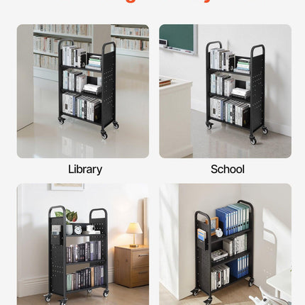 Rolling Library Book Cart, 150 kg Capacity, 77 x 38 x 122 cm Library Cart, Single Sided L-Shaped Shelves with 76.2 mm Lockable Wheels, Book Truck for Home Shelves Office and School, Black.