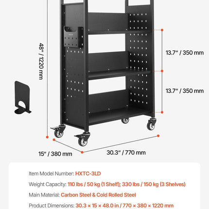 Rolling Library Book Cart, 150 kg Capacity, 77 x 38 x 122 cm Library Cart, Single Sided L-Shaped Shelves with 76.2 mm Lockable Wheels, Book Truck for Home Shelves Office and School, Black.