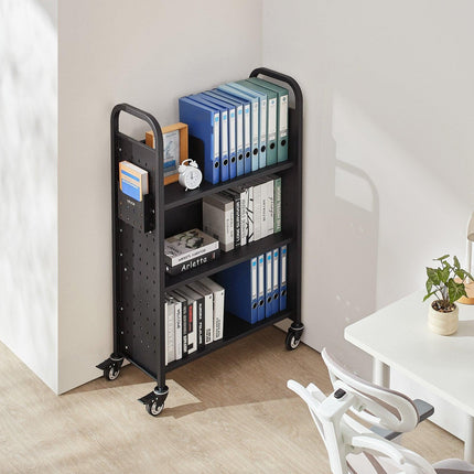 Rolling Library Book Cart, 150 kg Capacity, 77 x 38 x 122 cm Library Cart, Single Sided L-Shaped Shelves with 76.2 mm Lockable Wheels, Book Truck for Home Shelves Office and School, Black.
