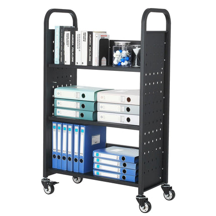 Rolling Library Book Cart, 150 kg Capacity, 77 x 38 x 122 cm Library Cart, Single Sided L-Shaped Shelves with 76.2 mm Lockable Wheels, Book Truck for Home Shelves Office and School, Black.