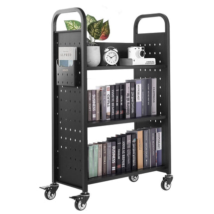 Rolling Library Book Cart, 150 kg Capacity, 77 x 38 x 122 cm Library Cart, Single Sided L-Shaped Shelves with 76.2 mm Lockable Wheels, Book Truck for Home Shelves Office and School, Black.