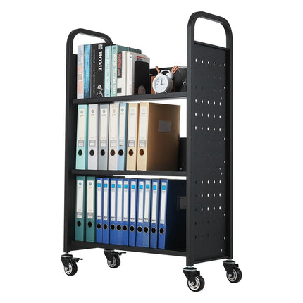 Rolling Library Book Cart, 150 kg Capacity, 77 x 38 x 122 cm Library Cart, Single Sided L-Shaped Shelves with 76.2 mm Lockable Wheels, Book Truck for Home Shelves Office and School, Black.