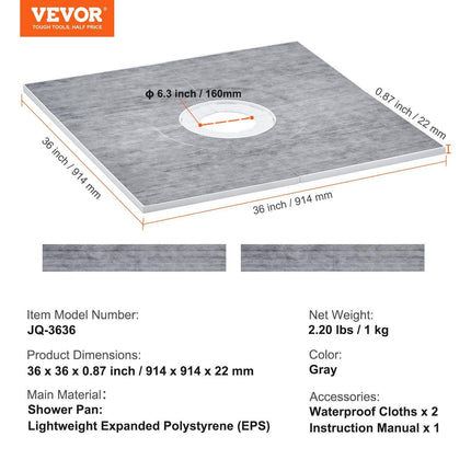 Shower Curb Kit, 914x914mm Shower Pan Kit with 160mm Central Drain, Lightweight EPS Shower Installation Kits with 2 Waterproof Cloths, Shower Pan Slope Sticks Fit for Bathroom.
