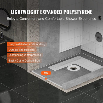 Shower Curb Kit, 1524x965mm Shower Pan Kit with 160mm Central Drain, Lightweight EPS Shower Installation Kits with 2 Waterproof Cloths, Shower Pan Slope Sticks Fit for Bathroom.