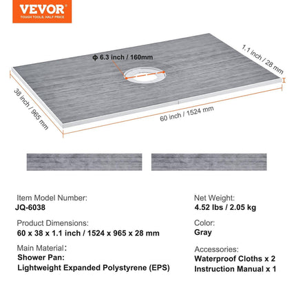 Shower Curb Kit, 1524x965mm Shower Pan Kit with 160mm Central Drain, Lightweight EPS Shower Installation Kits with 2 Waterproof Cloths, Shower Pan Slope Sticks Fit for Bathroom.