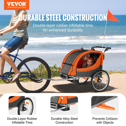 Bike Trailer for Toddlers, Kids, Double Seat, 40 kg Load, 2-In-1 Canopy Carrier Converts to Stroller, Tow Behind Foldable Child Bicycle Trailer with Universal Bicycle Coupler, Orange and Gray.