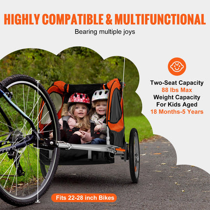 Bike Trailer for Toddlers, Kids, Double Seat, 40 kg Load, 2-In-1 Canopy Carrier Converts to Stroller, Tow Behind Foldable Child Bicycle Trailer with Universal Bicycle Coupler, Orange and Gray.