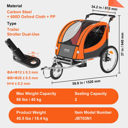Bike Trailer for Toddlers, Kids, Double Seat, 40 kg Load, 2-In-1 Canopy Carrier Converts to Stroller, Tow Behind Foldable Child Bicycle Trailer with Universal Bicycle Coupler, Orange and Gray.