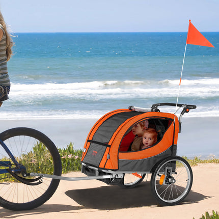 Bike Trailer for Toddlers, Kids, Double Seat, 40 kg Load, 2-In-1 Canopy Carrier Converts to Stroller, Tow Behind Foldable Child Bicycle Trailer with Universal Bicycle Coupler, Orange and Gray.