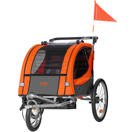Bike Trailer for Toddlers, Kids, Double Seat, 40 kg Load, 2-In-1 Canopy Carrier Converts to Stroller, Tow Behind Foldable Child Bicycle Trailer with Universal Bicycle Coupler, Orange and Gray.