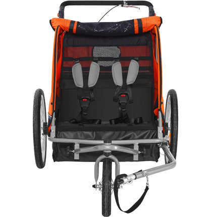 Bike Trailer for Toddlers, Kids, Double Seat, 40 kg Load, 2-In-1 Canopy Carrier Converts to Stroller, Tow Behind Foldable Child Bicycle Trailer with Universal Bicycle Coupler, Orange and Gray.