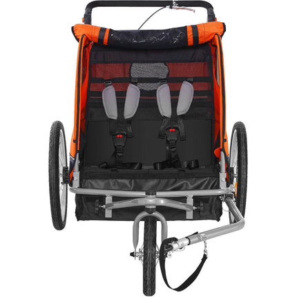 Bike Trailer for Toddlers, Kids, Double Seat, 45 kg Load, 2-In-1 Canopy Carrier Converts to Stroller, Tow Behind Foldable Child Bicycle Trailer with Universal Bicycle Coupler, Orange and Gray.