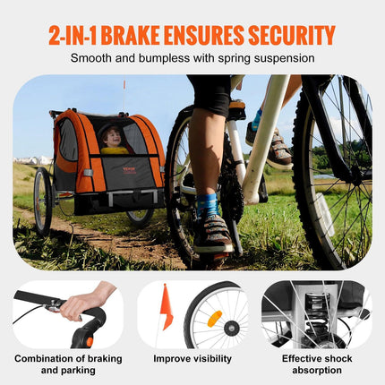 Bike Trailer for Toddlers, Kids, Double Seat, 45 kg Load, 2-In-1 Canopy Carrier Converts to Stroller, Tow Behind Foldable Child Bicycle Trailer with Universal Bicycle Coupler, Orange and Gray.