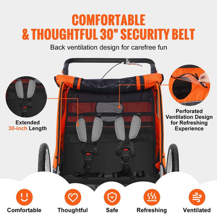 Bike Trailer for Toddlers, Kids, Double Seat, 45 kg Load, 2-In-1 Canopy Carrier Converts to Stroller, Tow Behind Foldable Child Bicycle Trailer with Universal Bicycle Coupler, Orange and Gray.