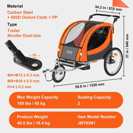 Bike Trailer for Toddlers, Kids, Double Seat, 45 kg Load, 2-In-1 Canopy Carrier Converts to Stroller, Tow Behind Foldable Child Bicycle Trailer with Universal Bicycle Coupler, Orange and Gray.