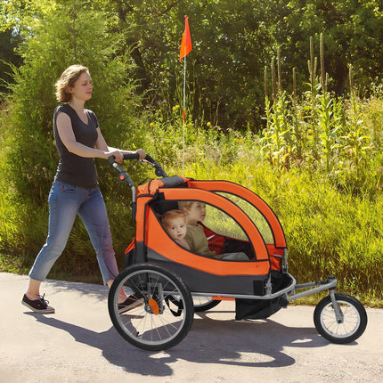 Bike Trailer for Toddlers, Kids, Double Seat, 45 kg Load, 2-In-1 Canopy Carrier Converts to Stroller, Tow Behind Foldable Child Bicycle Trailer with Universal Bicycle Coupler, Orange and Gray.