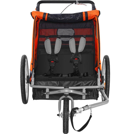 Bike Trailer for Toddlers, Kids, Double Seat, 45 kg Load, 2-In-1 Canopy Carrier Converts to Stroller, Tow Behind Foldable Child Bicycle Trailer with Universal Bicycle Coupler, Orange and Gray.