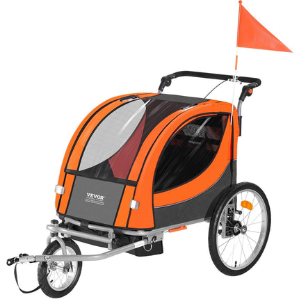 Bike Trailer for Toddlers, Kids, Double Seat, 45 kg Load, 2-In-1 Canopy Carrier Converts to Stroller, Tow Behind Foldable Child Bicycle Trailer with Universal Bicycle Coupler, Orange and Gray.