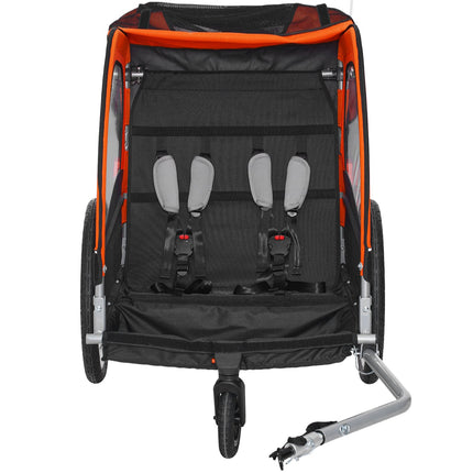 Bike Trailer for Toddlers, Kids, Double Seat, 45 kg Load, 2-In-1 Canopy Carrier Converts to Stroller, Tow Behind Foldable Child Bicycle Trailer with Universal Bicycle Coupler, Orange and Gray.