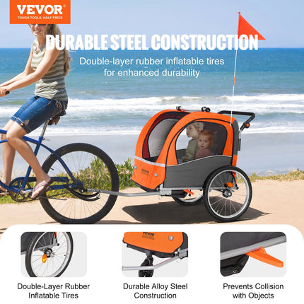 Bike Trailer for Toddlers, Kids, Double Seat, 45 kg Load, 2-In-1 Canopy Carrier Converts to Stroller, Tow Behind Foldable Child Bicycle Trailer with Universal Bicycle Coupler, Orange and Gray.